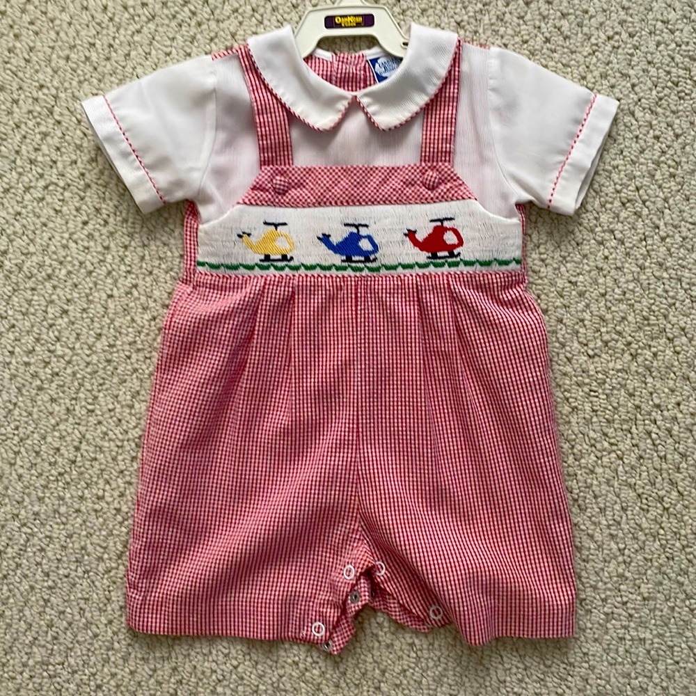 Smocked helicopter print baby boy outfit size 12 month.  Peter Pan collar.